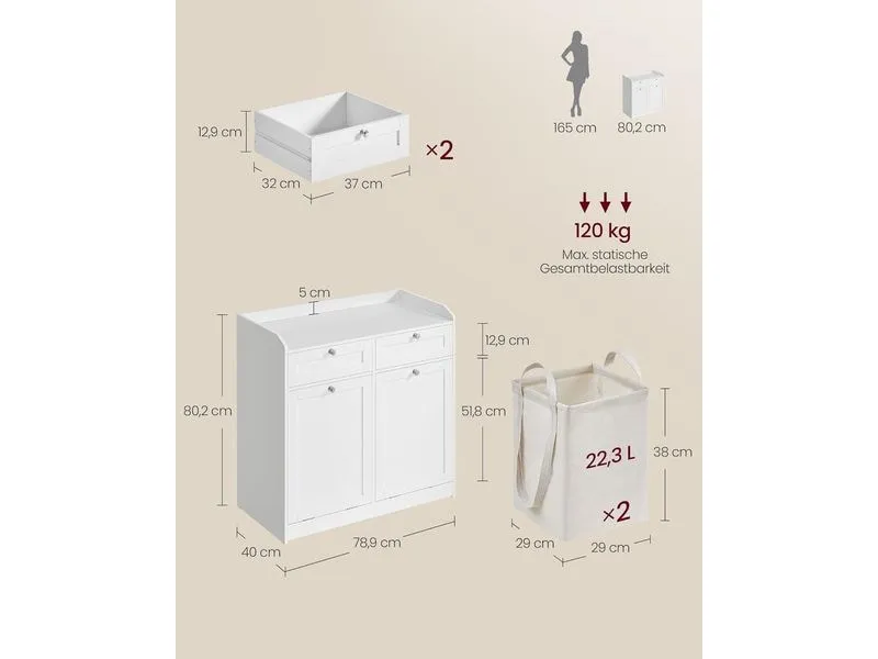 VASAGLE Kommode Landhausstil 40 x 80 cm, Weiss