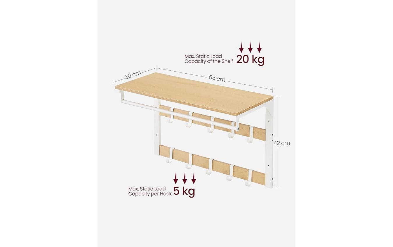 VASAGLE Wandgarderobe mit 10 Haken 65 cm x 42 cm, Weiss/Braun