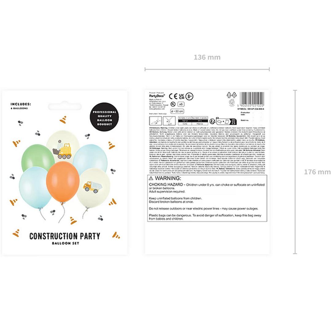 Partydeco Luftballon Ballon Baufahrzeuge Ø 30 cm, 6 Stück, Mehrfarbig