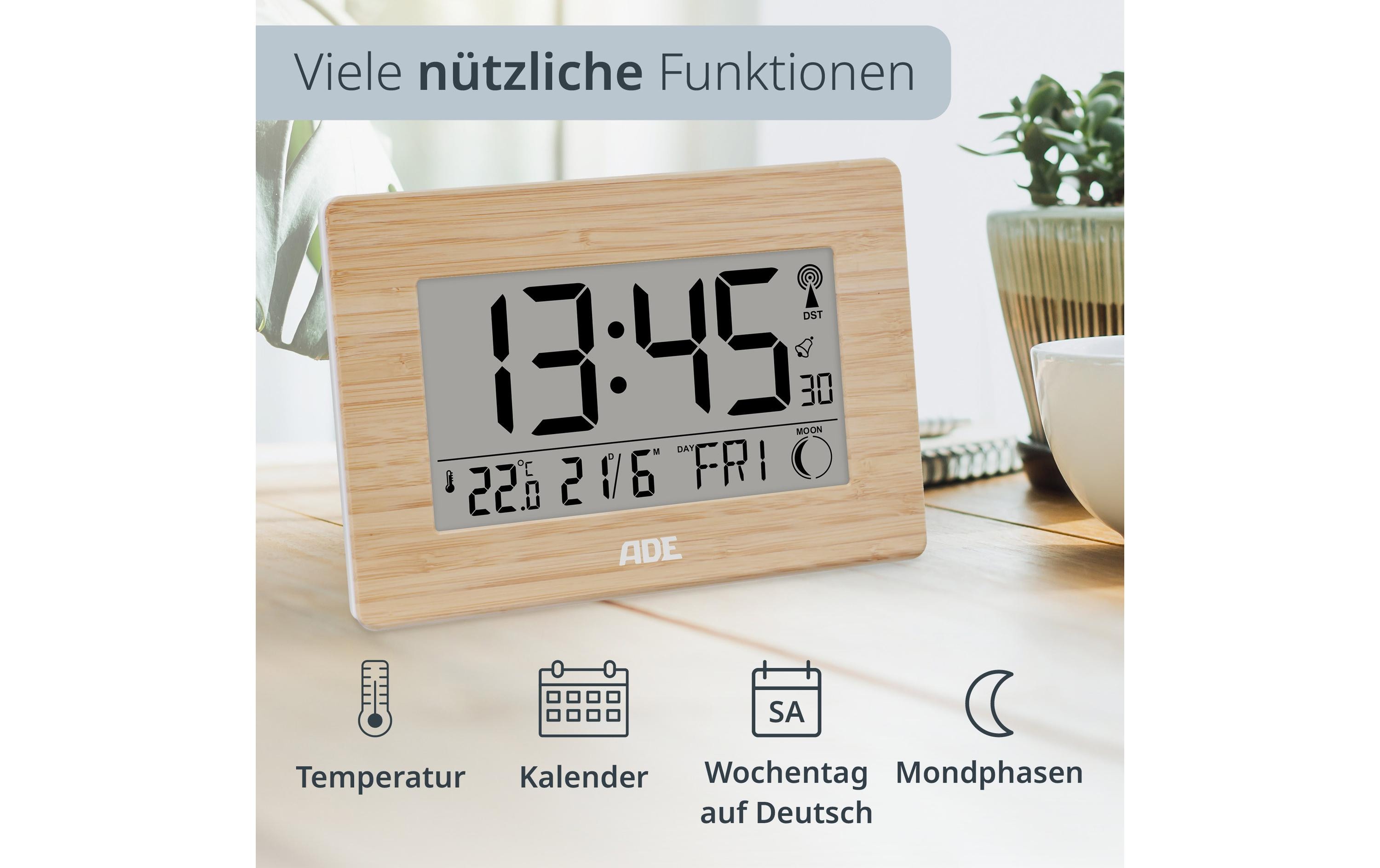 ADE Digitale DCF-Funkuhr mit XXL-Ziffern Bambus-Weiss