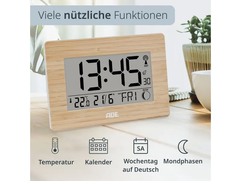 ADE Digitale DCF-Funkuhr mit XXL-Ziffern Bambus-Weiss ADE Digitale DCF-Funkuhr mit XXL-Ziffern Bambus-Weiss