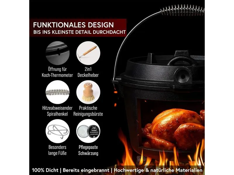 Gusskoenig Dutch Oven Set 12 l mit 2in1 Deckelheber ohne Füsse