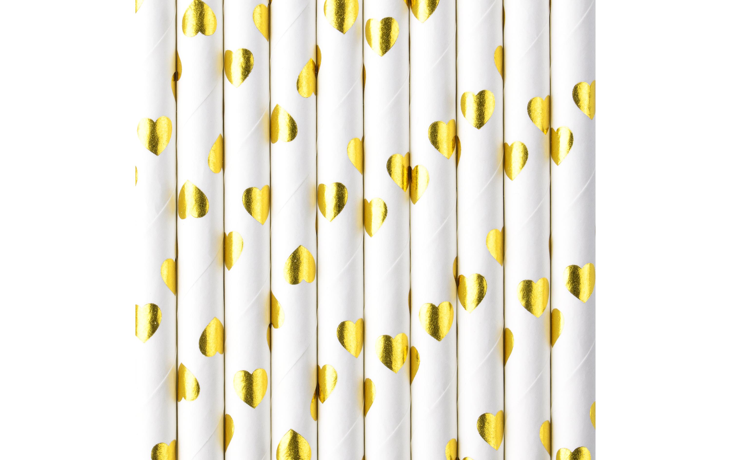 Partydeco Strohhalm Herzen 10 Stück, Gold/Weiss
