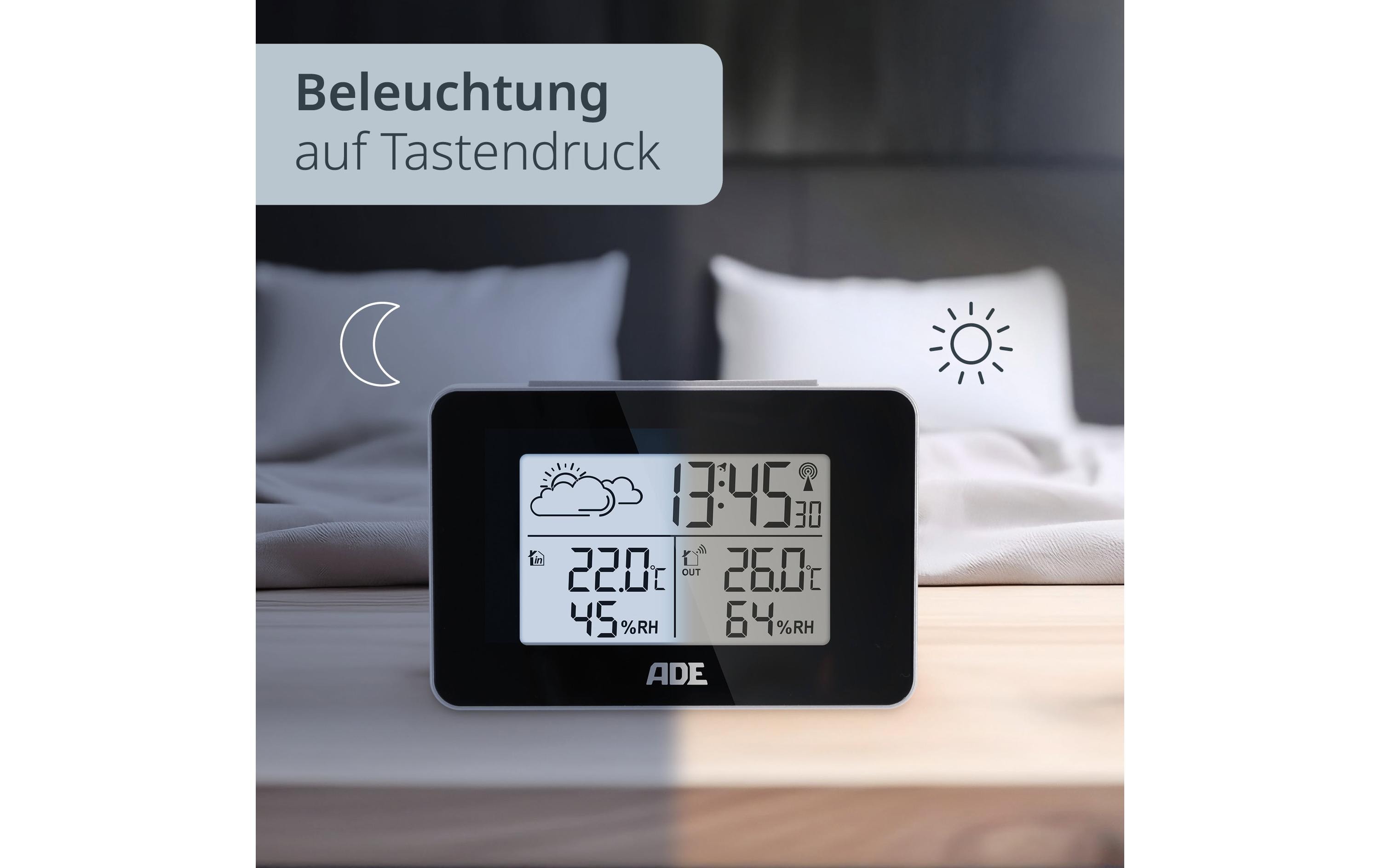 ADE Wetterstation mit Funk-Aussensensor mit DCF-Funkuhr, Schwarz