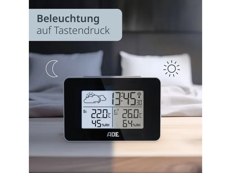 ADE Wetterstation mit Funk-Aussensensor mit DCF-Funkuhr, Schwarz