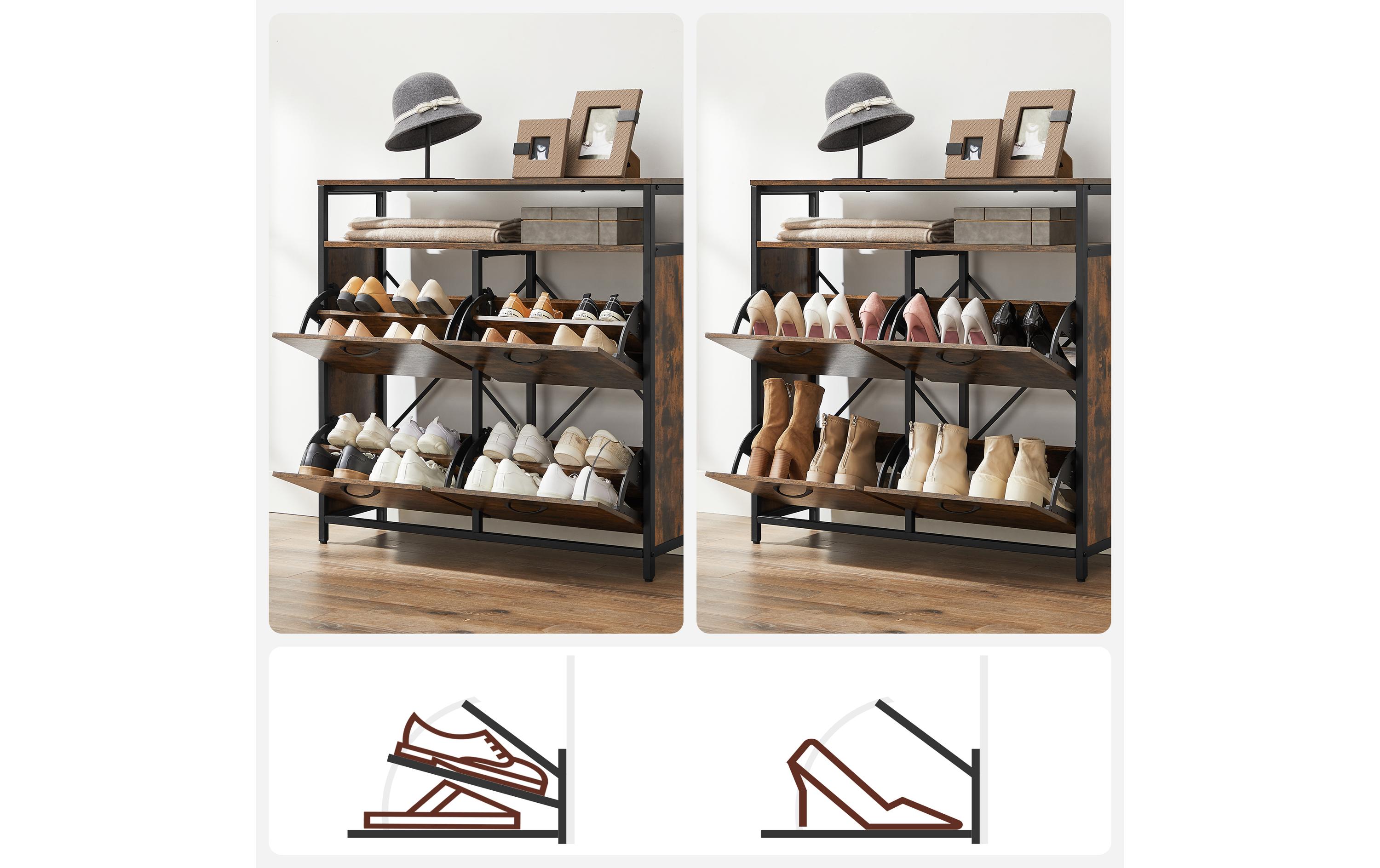 VASAGLE Schuhschrank mit 4 Klappen 95 x 98.3 cm, Braun/Schwarz