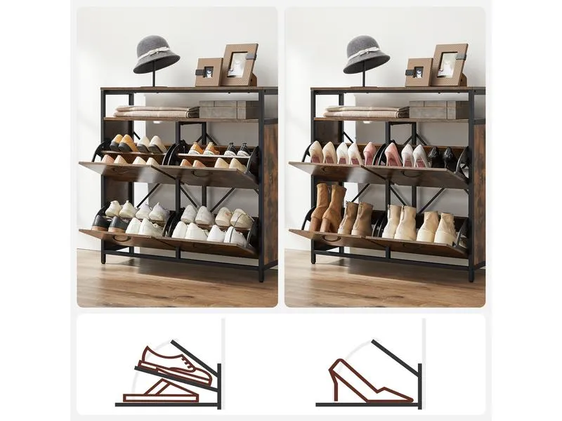 VASAGLE Schuhschrank mit 4 Klappen 95 x 98.3 cm, Braun/Schwarz