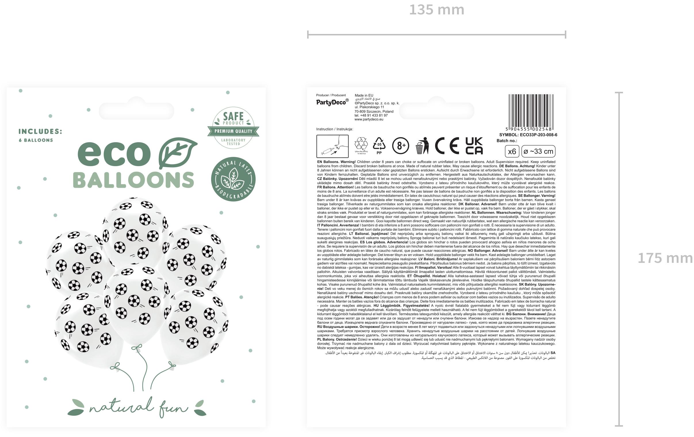 Partydeco Luftballon Eco Fussball 33 cm, 6 Stück, Schwarz/Weiss