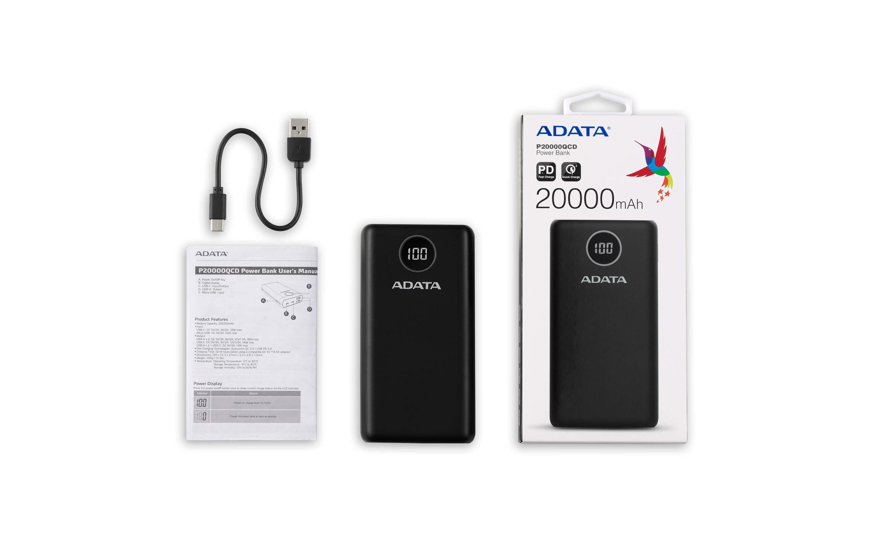 ADATA Powerbank P20000QCD (20000 mAh, USB-A, USB-C, Display)