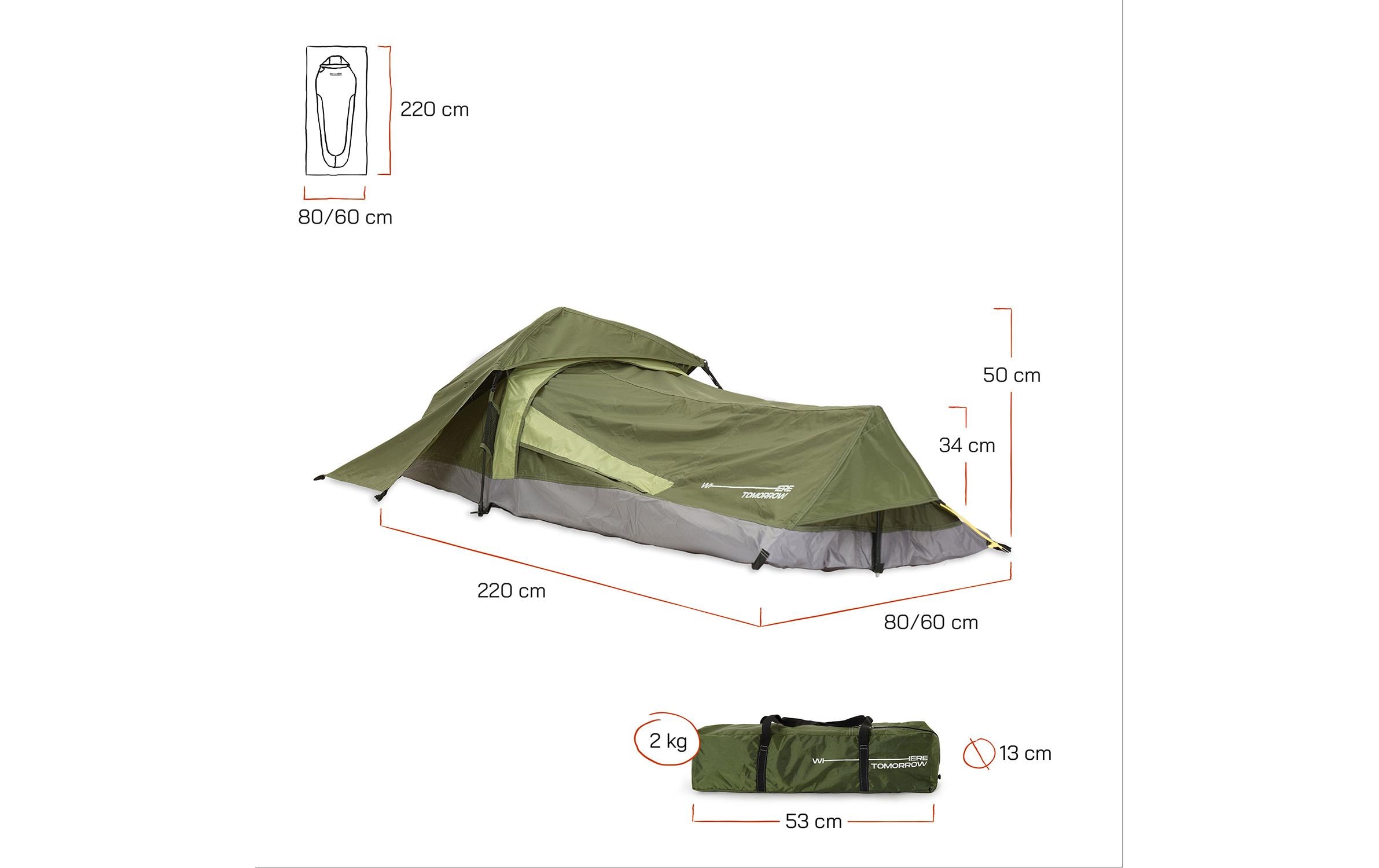Where tomorrow Where Tomorrow 1 Personen Zelt Rechteck 220 cm x 80 cm, Grün