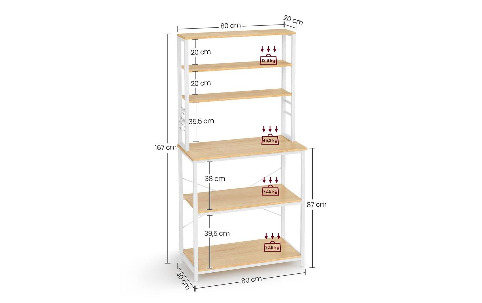 VASAGLE Küchenregal 6 Haken 80 cm x 167 cm, Braun/Weiss