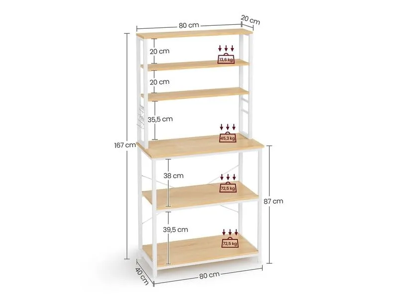 VASAGLE Küchenregal 6 Haken 80 cm x 167 cm, Braun/Weiss VASAGLE Küchenregal 6 Haken 80 cm x 167 cm, Braun/Weiss