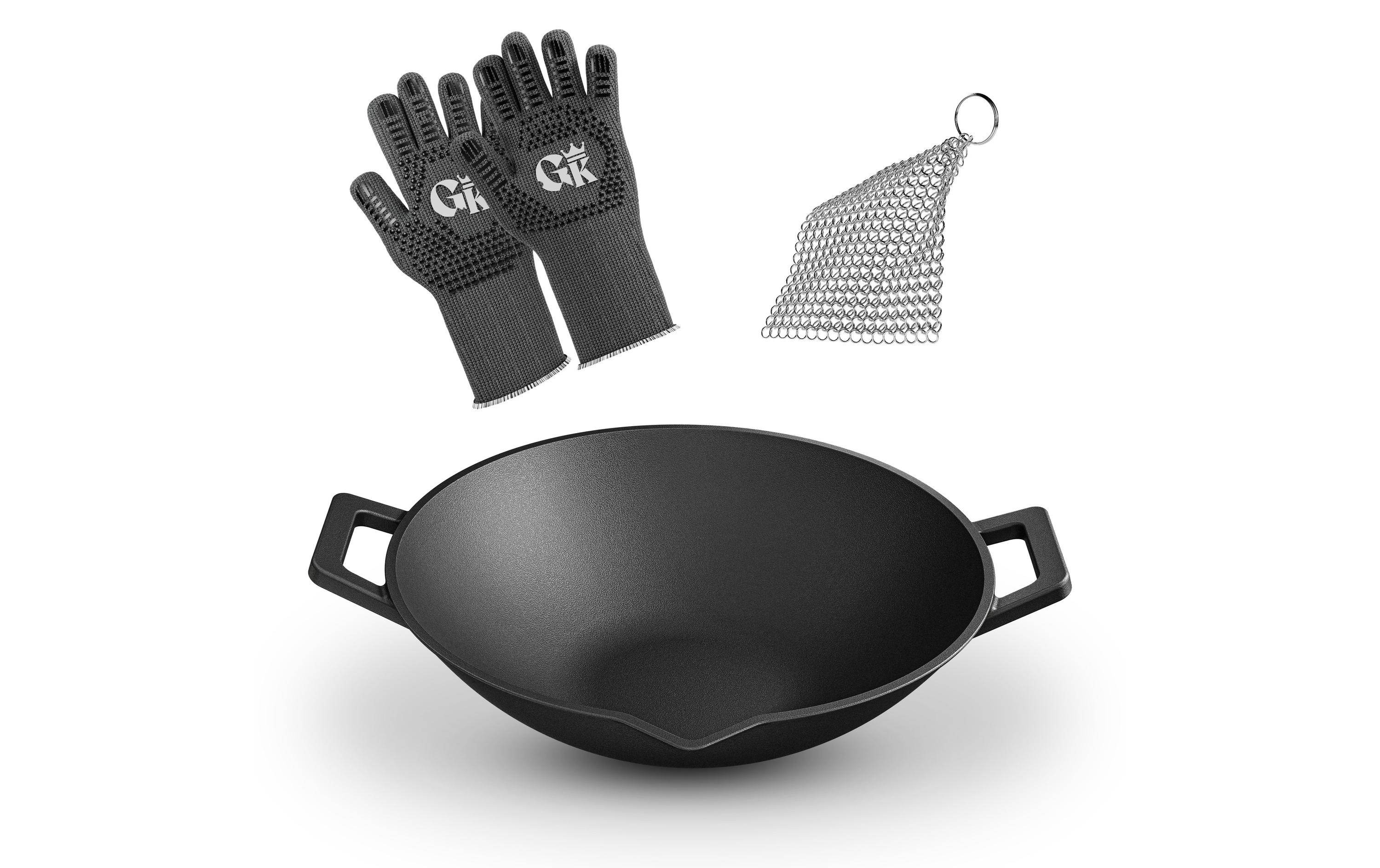 Gusskoenig Wok 35 cm mit Reiniger, Handschuhe Gusskoenig Wok 35 cm mit Reiniger, Handschuhe