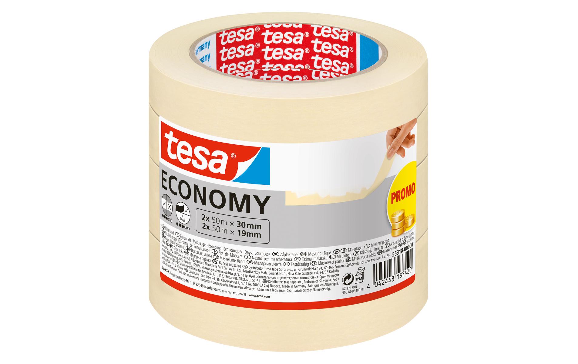 tesa Abdeckband Masking Economy, Set 2x 50m x 30mm, 2x 50m x 19mm
