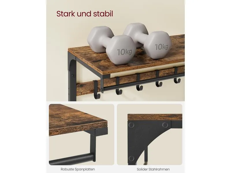 VASAGLE Wandgarderobe mit Ablage 65 x 42 cm, Braun/Schwarz