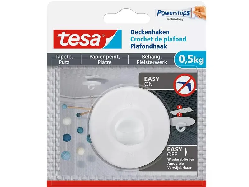 tesa Deckenhaken -Set 0.5 kg für Tapeten & Putz, 3er Pack