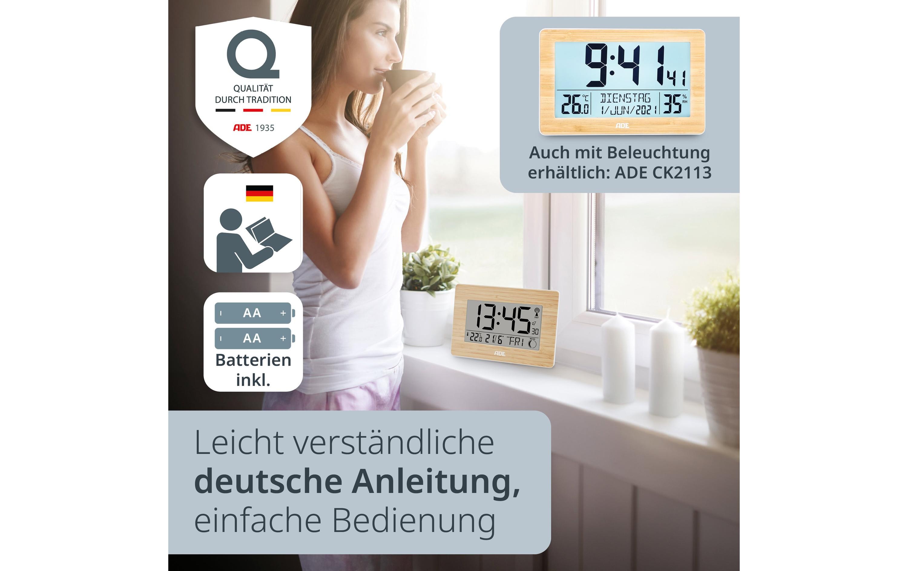 ADE Digitale DCF-Funkuhr mit XXL-Ziffern Bambus-Weiss