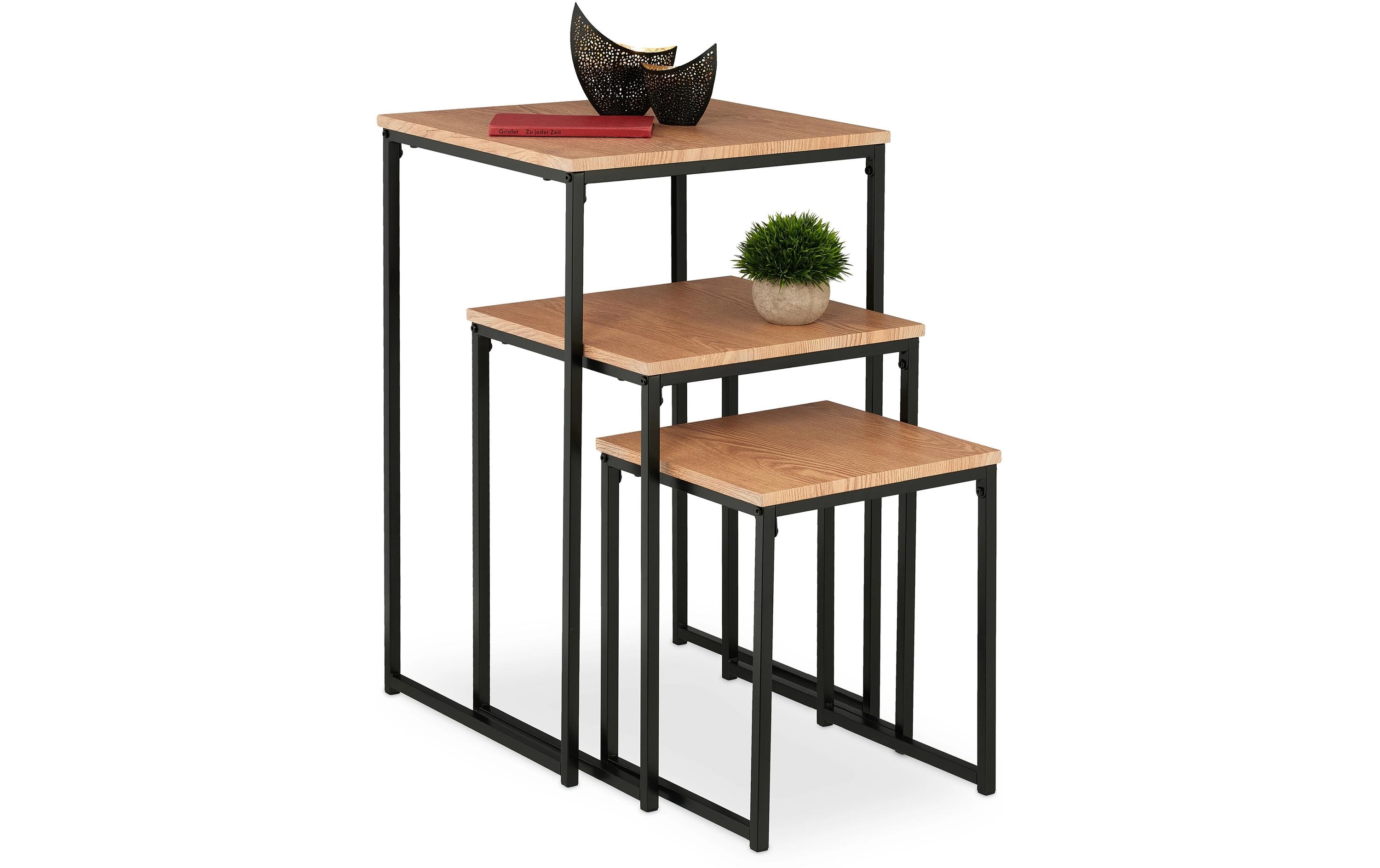 relaxdays Beistelltisch 3er Set Hellbraun/Schwarz
