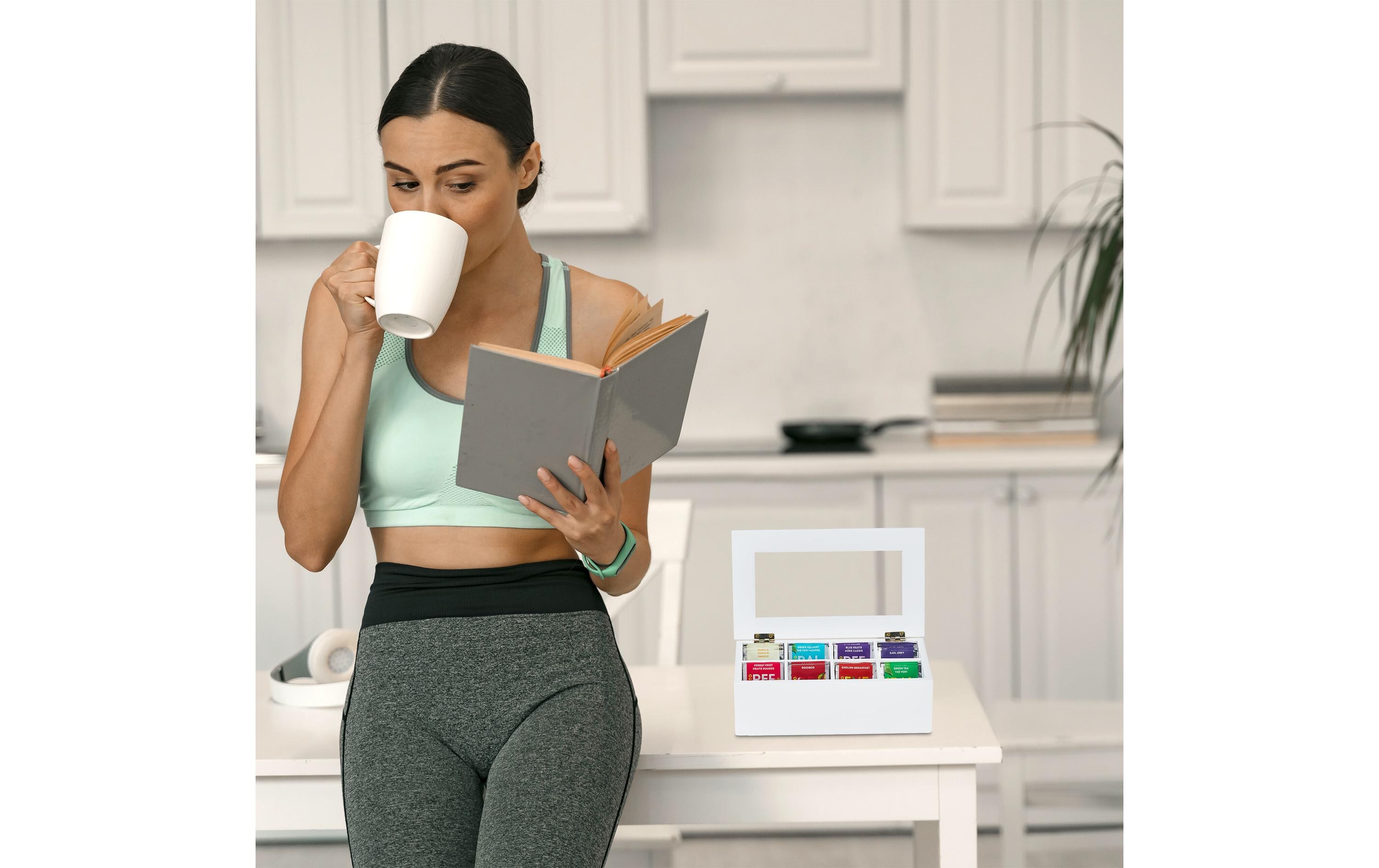 relaxdays Teebeutel-Box 8 Fächer, Transparent/Weiss