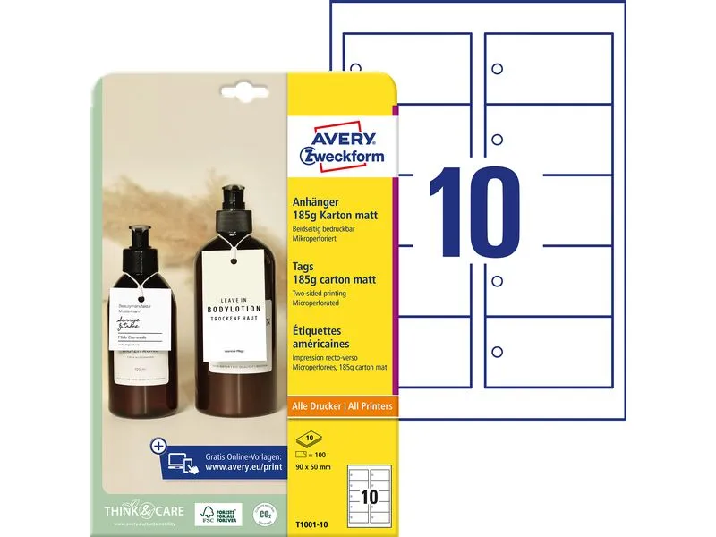 Avery Zweckform Hängeetiketten Tags 90 x 50 mm, 10 Blatt, 100 Stück