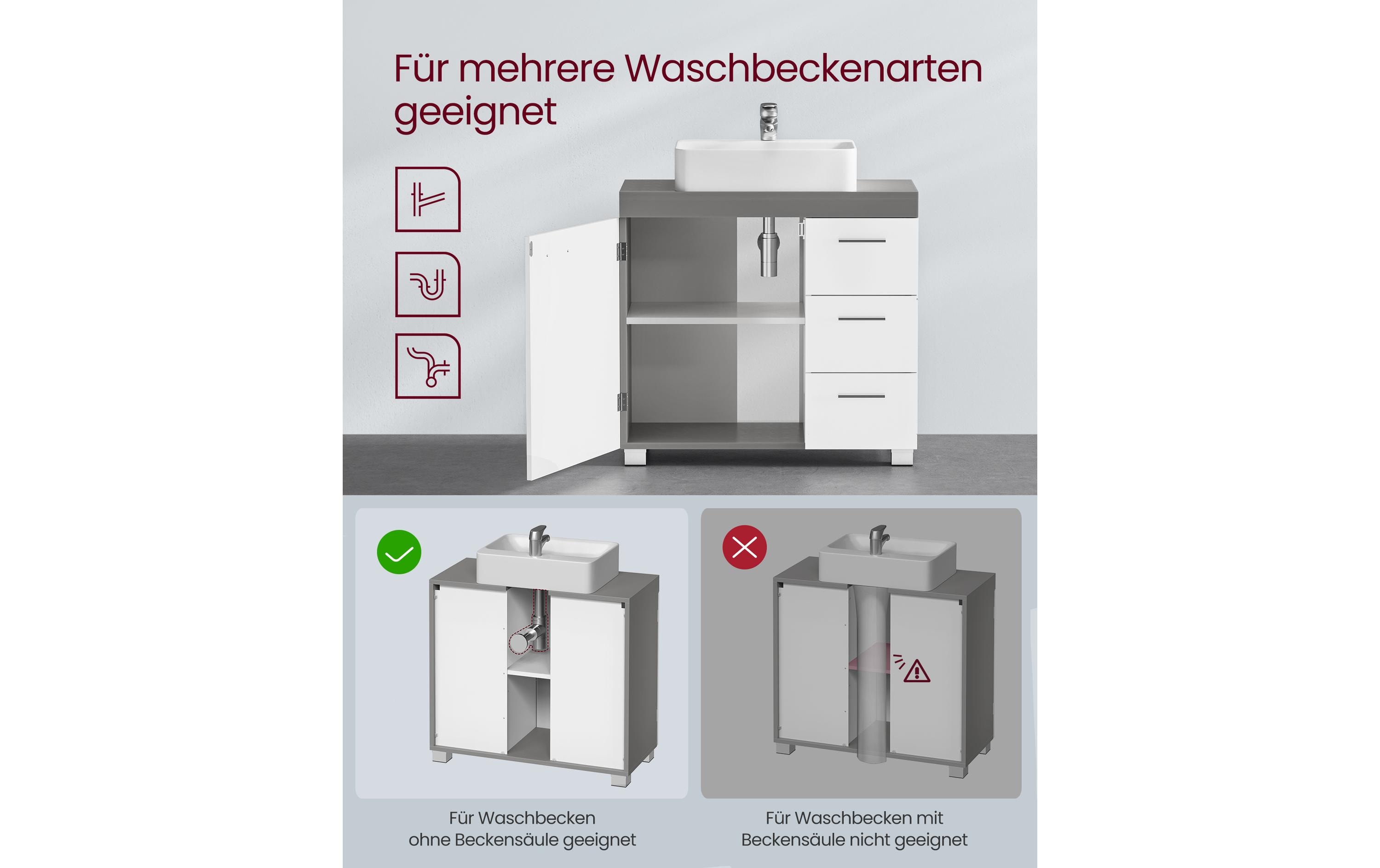 VASAGLE Waschbeckenunterschrank 64 x 70 cm, Weiss/Grau