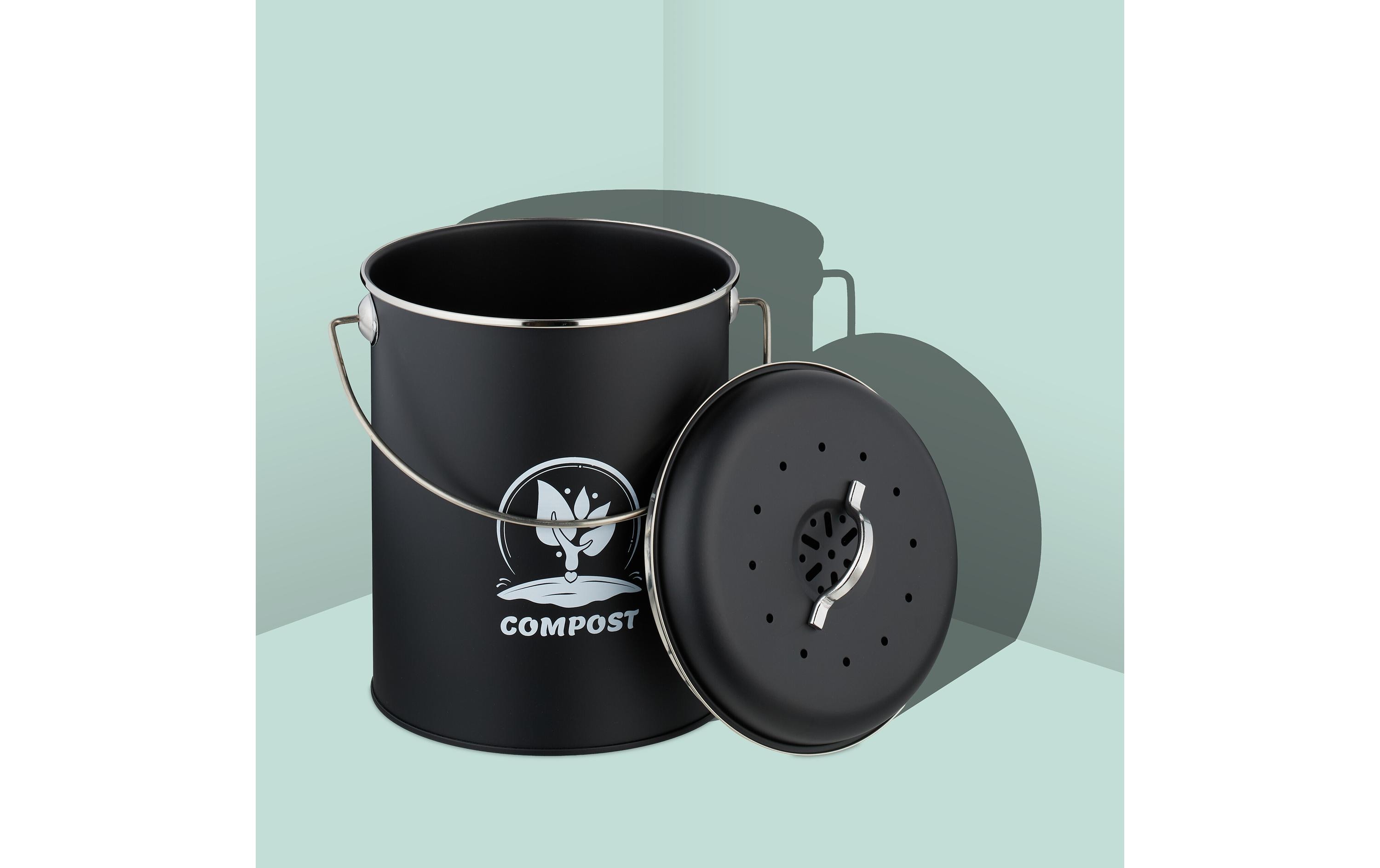 relaxdays Komposteimer mit Geruchsfilter 5.5 l, Schwarz/Silber