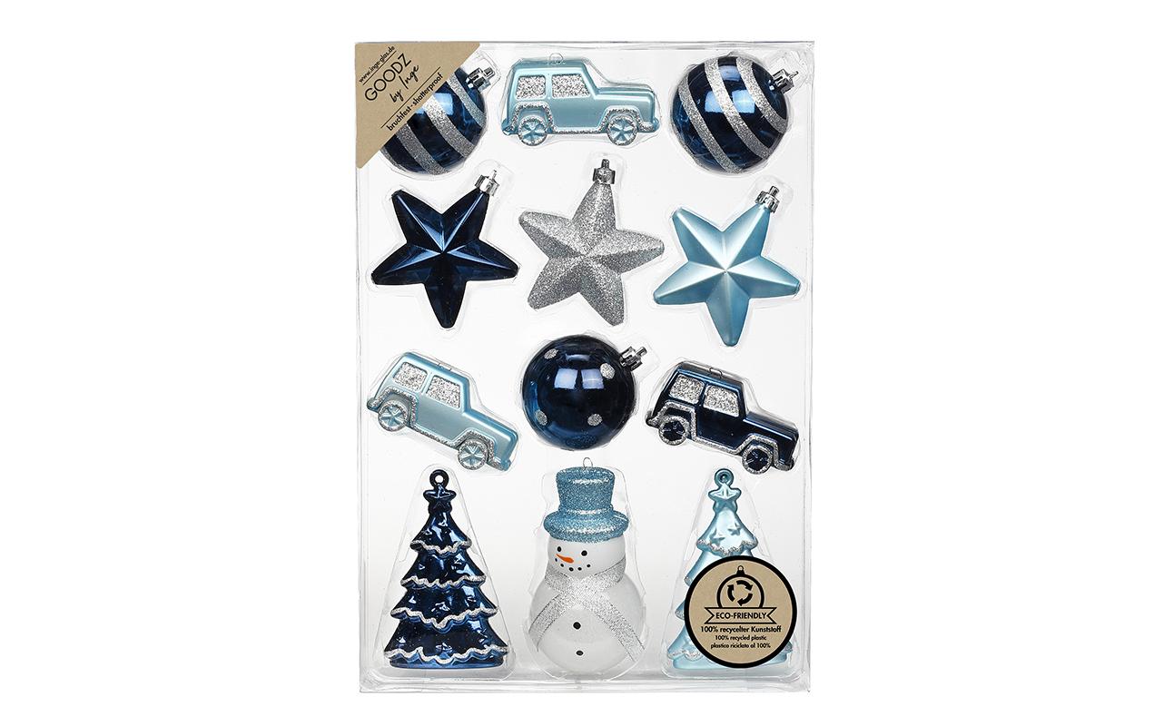 INGES CHRISTMAS DECOR Weihnachtskugel Formensortiment 12 Stück, Blau/Silber/Weiss