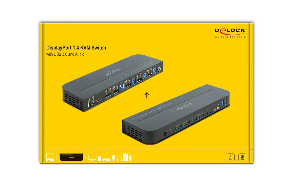 Delock KVM Switch 4 Port Displayport mit USB 3.0 und Audio 8k 30Hz Delock KVM Switch 4 Port Displayport mit USB 3.0 und Audio 8k 30Hz