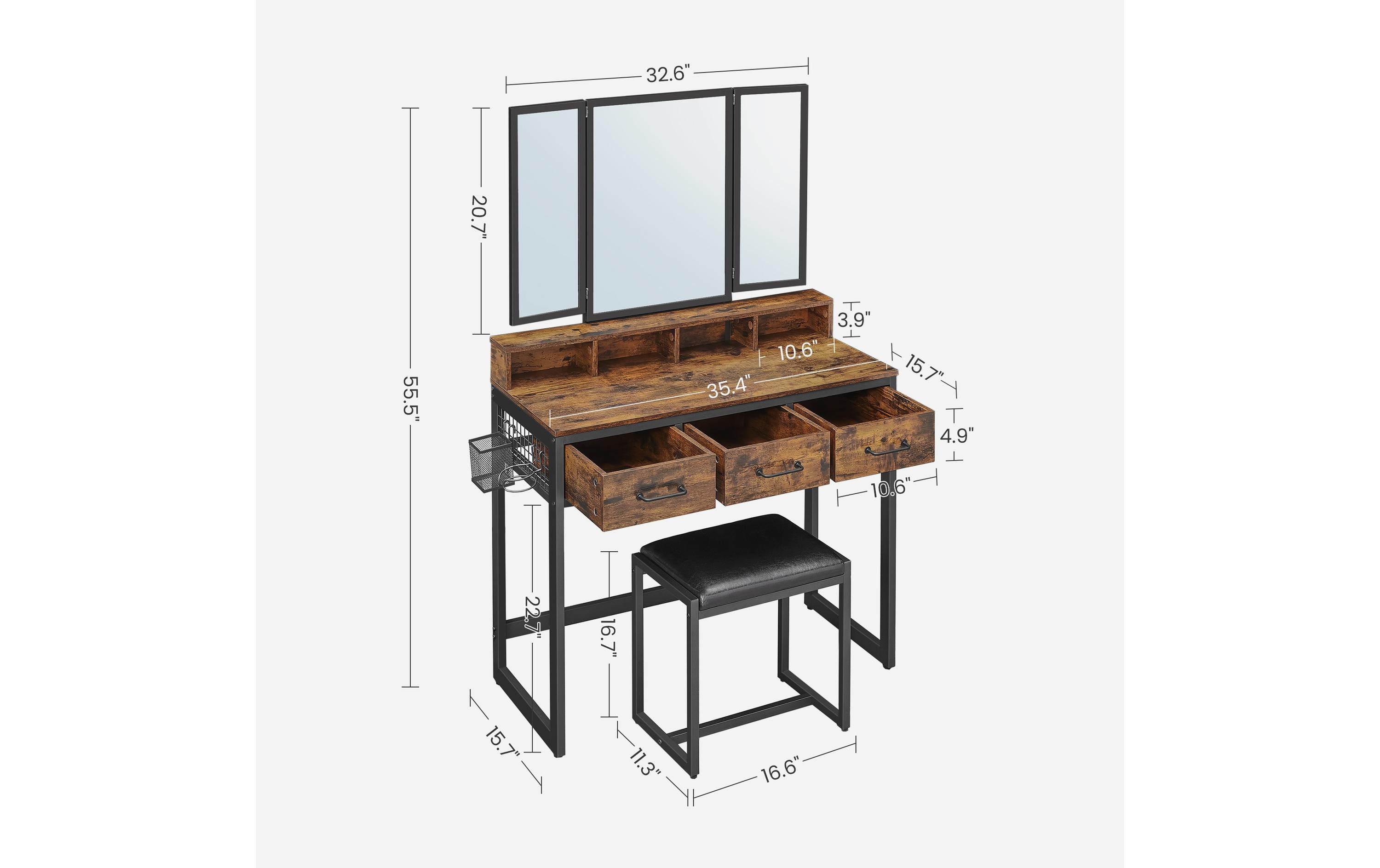 VASAGLE Schminktisch mit Hocker 90 x 141 cm, Braun/Schwarz