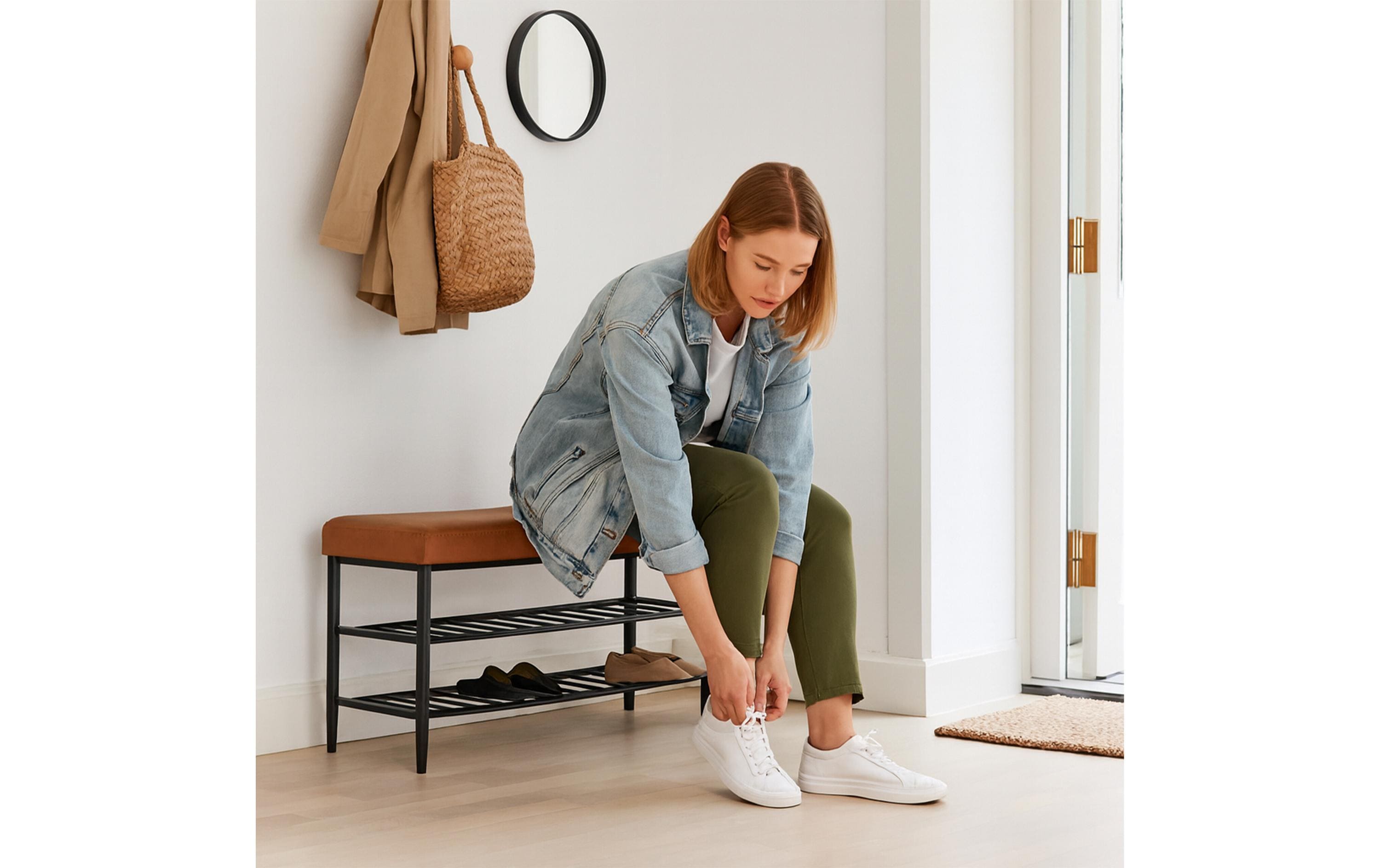 relaxdays Schuhbank mit zwei Ablagen 100 x 50 cm, Braun/Schwarz