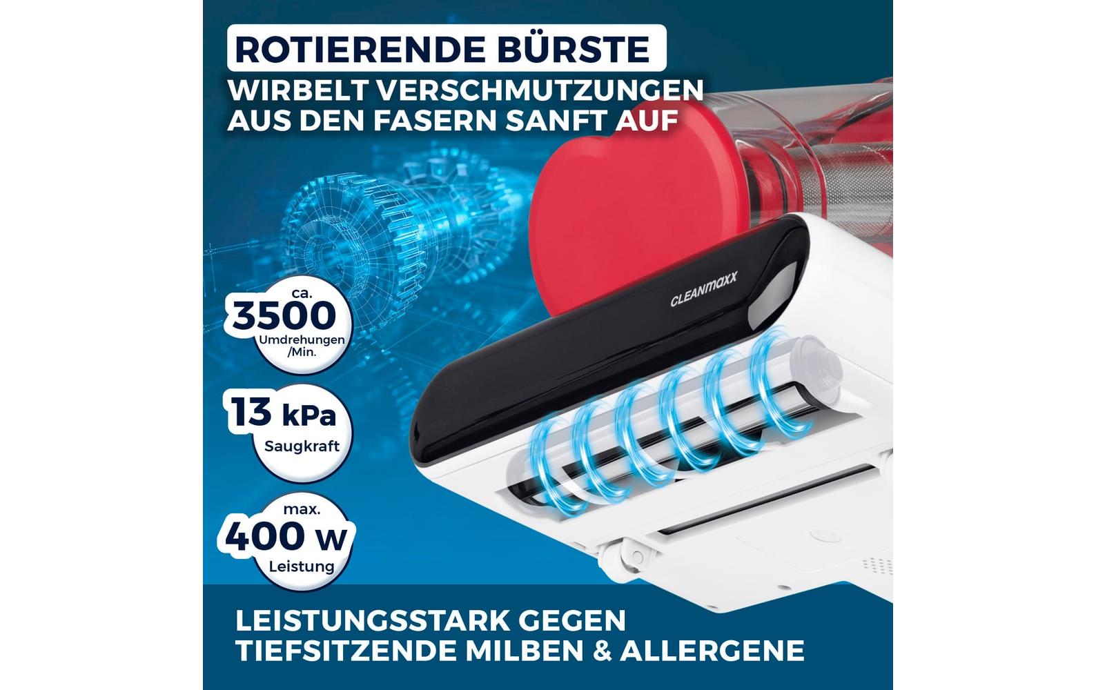 CLEANmaxx Milben-Handstaubsauger 400W, Weiss/Rot + CH-Stecker