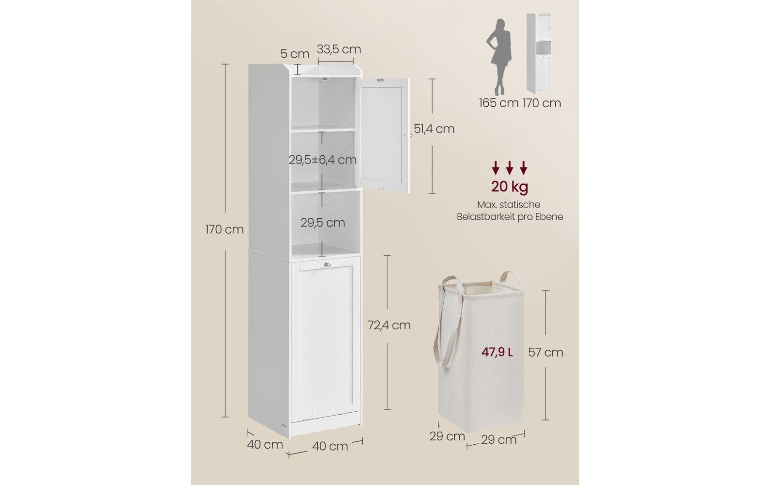 VASAGLE Badezimmerregal 40 x 170 cm, Weiss