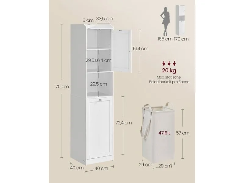 VASAGLE Badezimmerregal 40 x 170 cm, Weiss VASAGLE Badezimmerregal 40 x 170 cm, Weiss