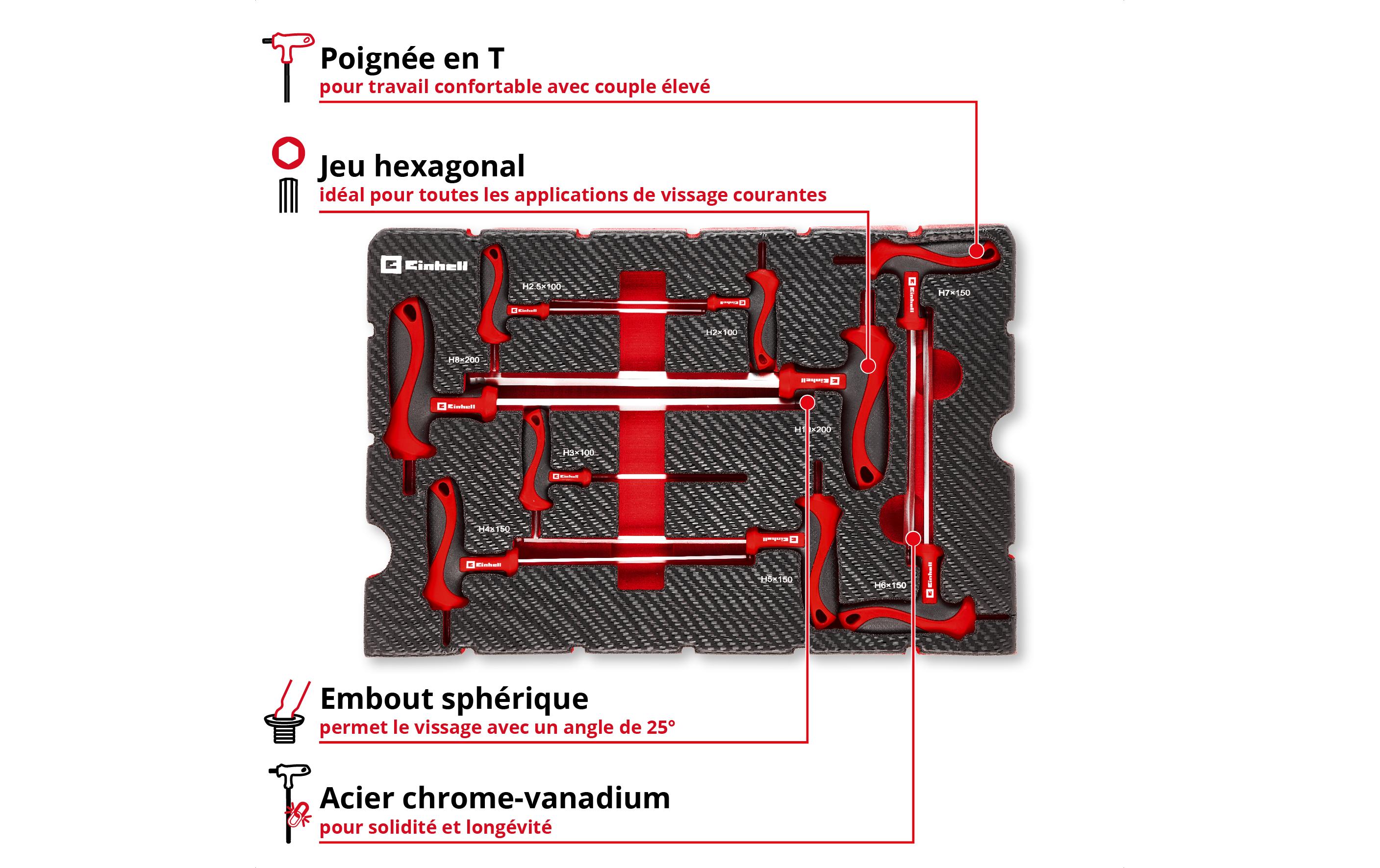 Einhell Einleger E-Case T-Griff, 9-teilig, Chrom-Vanadium-Stahl