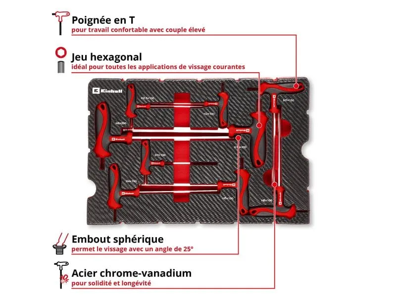 Einhell Einleger E-Case T-Griff, 9-teilig, Chrom-Vanadium-Stahl