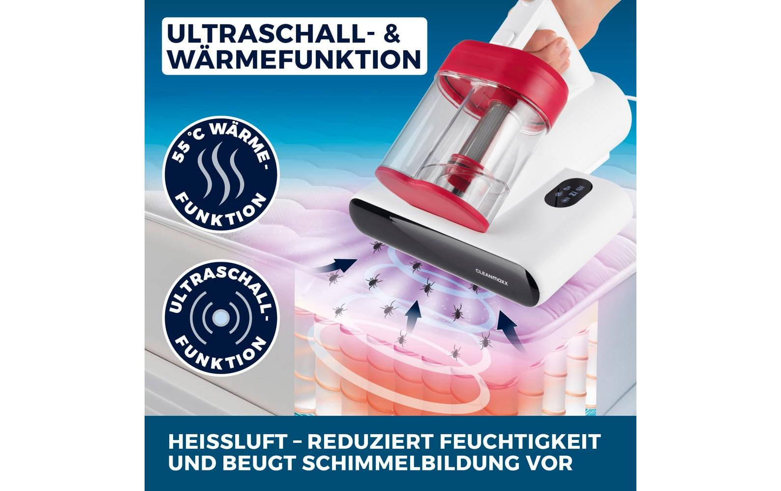 CLEANmaxx Milben-Handstaubsauger 400W, Weiss/Rot + CH-Stecker
