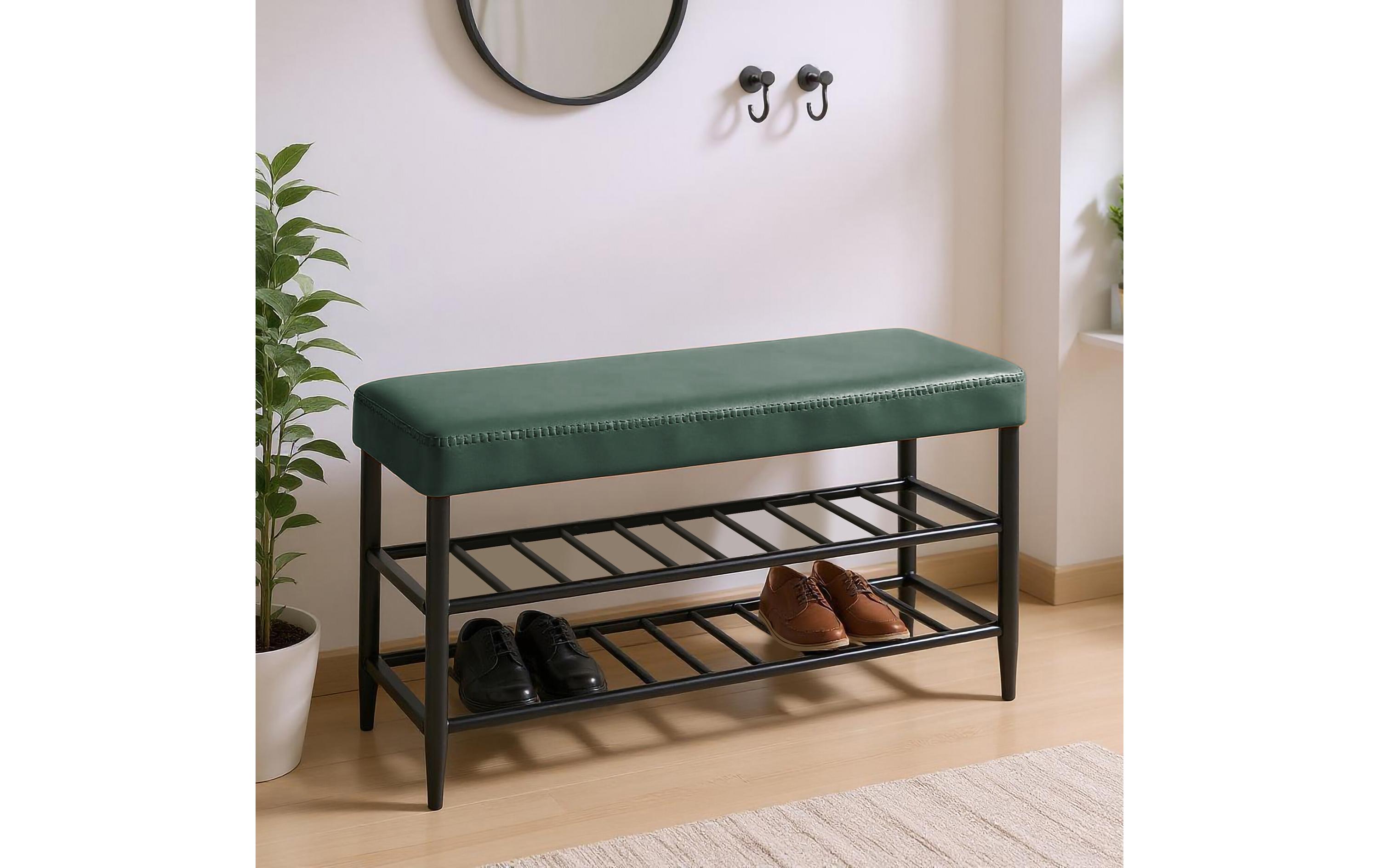 relaxdays Schuhbank mit zwei Ablagen 80 x 50 cm, Grün/Schwarz