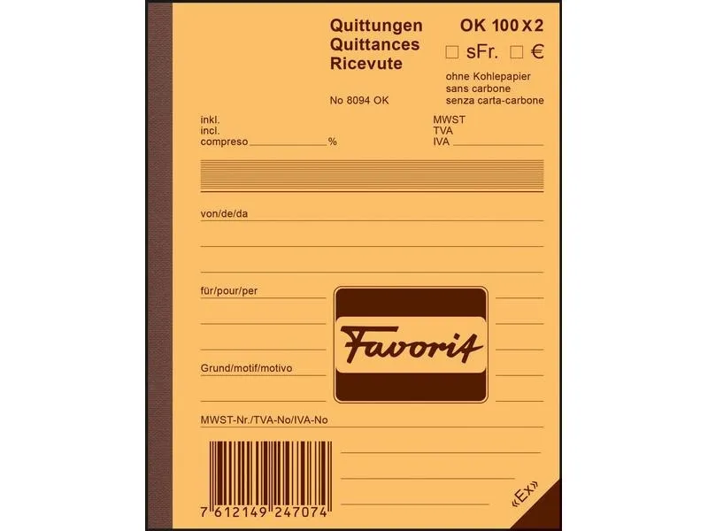 Favorit Durchschreibeblock 113 x 144 mm Quittungen, Blau/Weiss Favorit Durchschreibeblock 113 x 144 mm Quittungen, Blau/Weiss