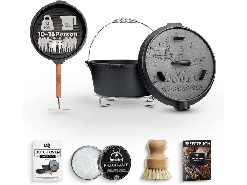 Gusskoenig Dutch Oven Set 12 l mit 2in1 Deckelheber ohne Füsse Gusskoenig Dutch Oven Set 12 l mit 2in1 Deckelheber ohne Füsse
