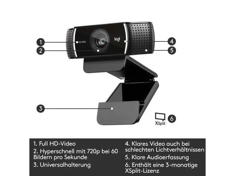 Logitech Webcam C922 Pro Stream , mit Stativ, Full-HD 1080p, USB Logitech Webcam C922 Pro Stream , mit Stativ, Full-HD 1080p, USB