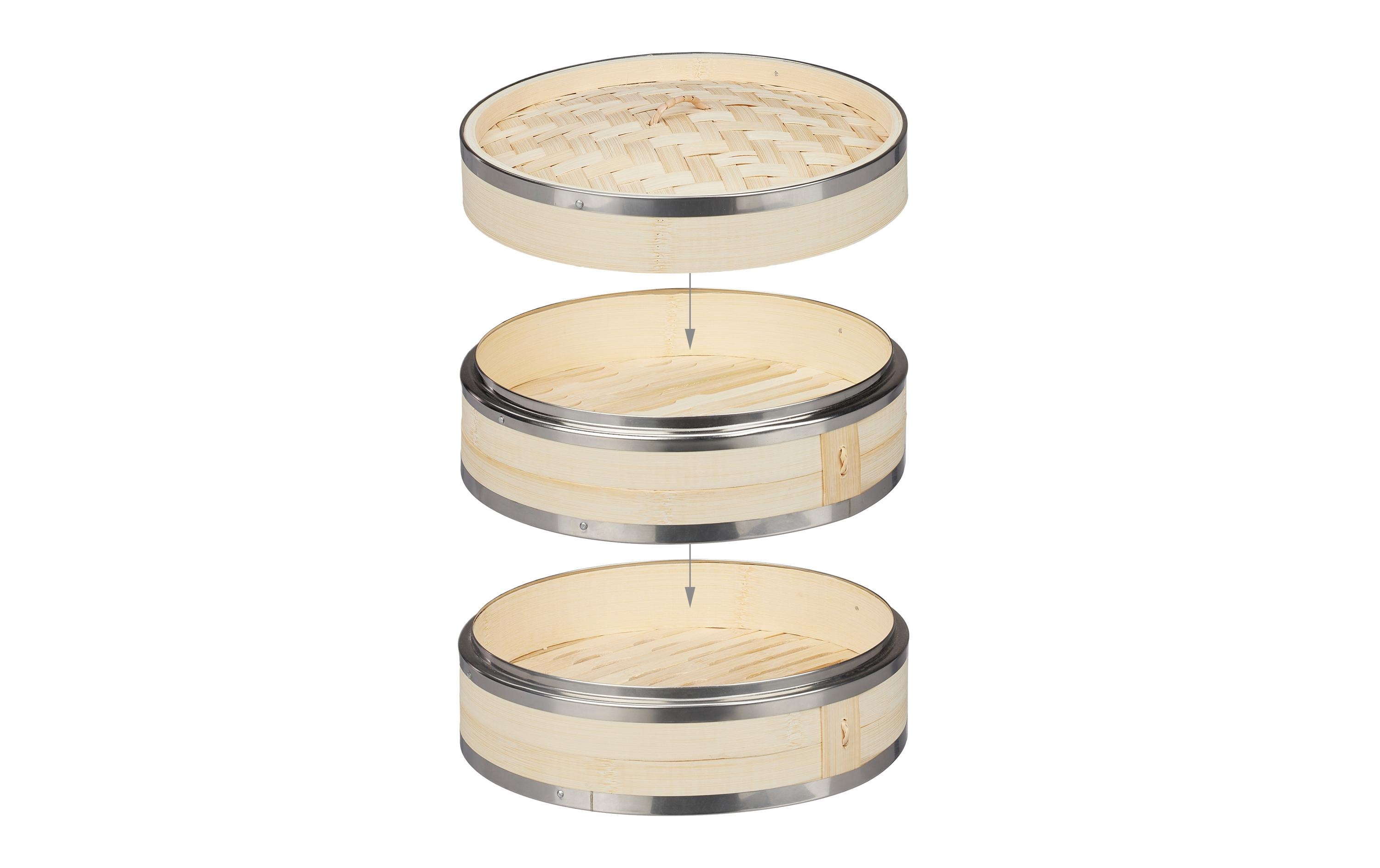 relaxdays Dampfgarer Bambus, 2 Etagen, mit Edelstahlringen