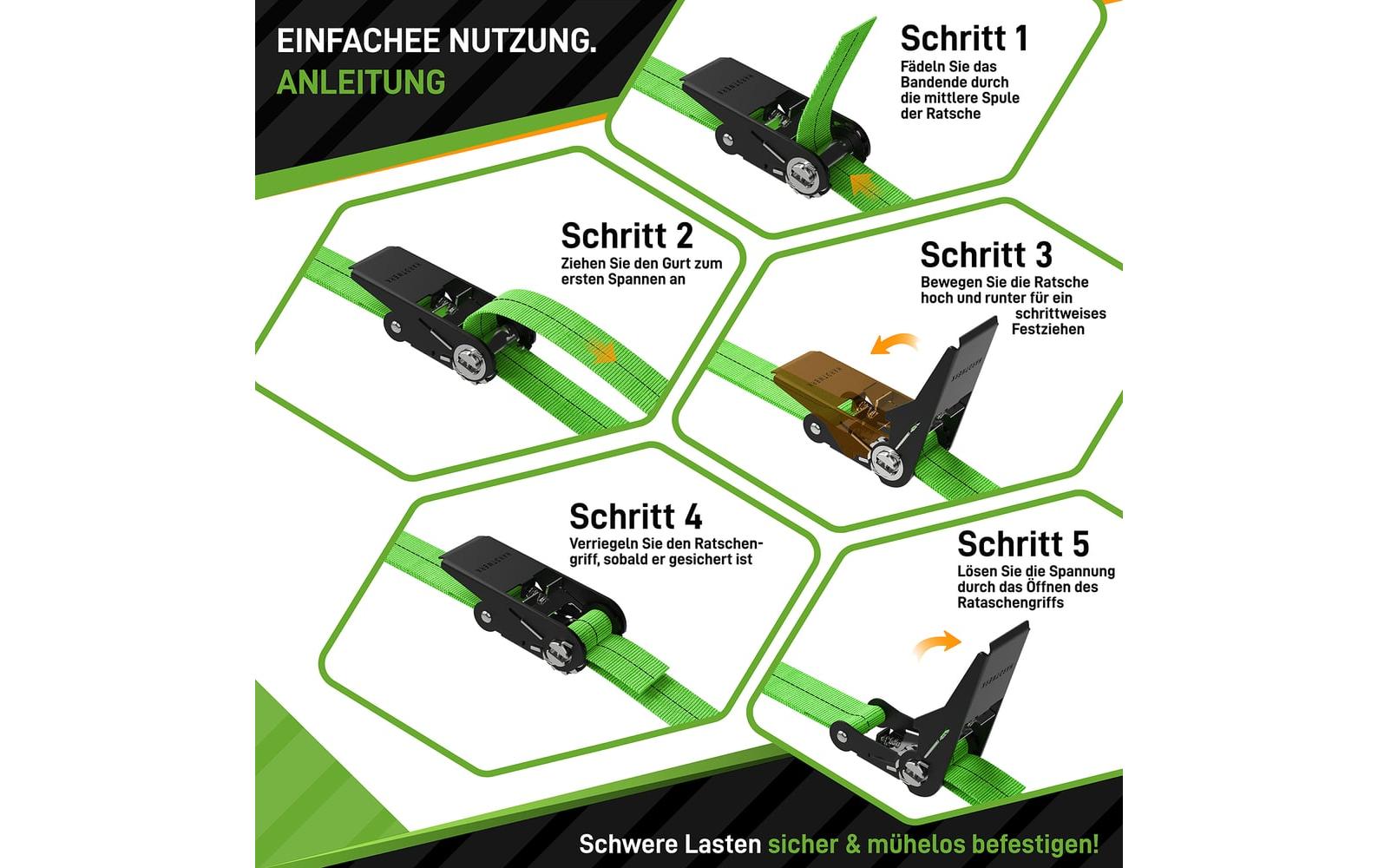 Hardtwerk Spanngurte mit Ratschen 4 Stück, 6 Meter, Grün