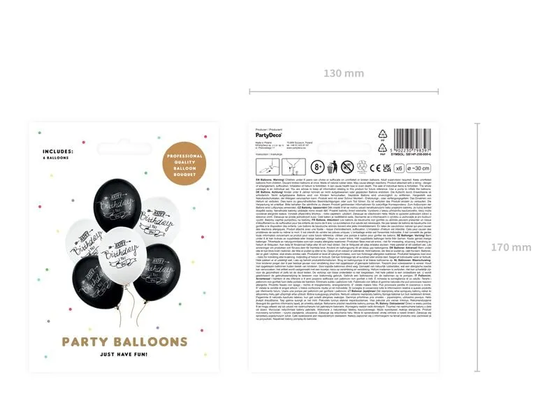 Partydeco Ballons Happy Birthday, 6er-Set Schwarz/Weiss, 30 cm Partydeco Ballons Happy Birthday, 6er-Set Schwarz/Weiss, 30 cm