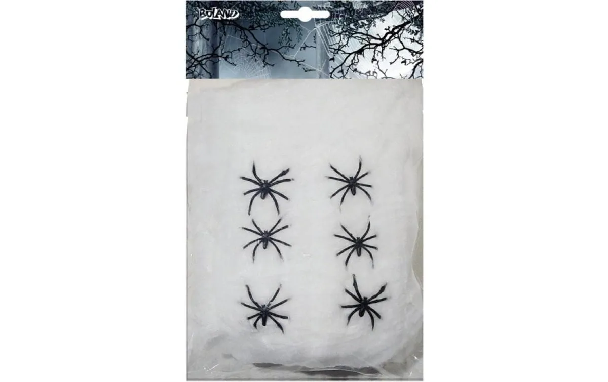 Amscan Spinnengewebe mit 6 schwarzen Spinnen 100 g, Weiss Amscan Spinnengewebe mit 6 schwarzen Spinnen 100 g, Weiss