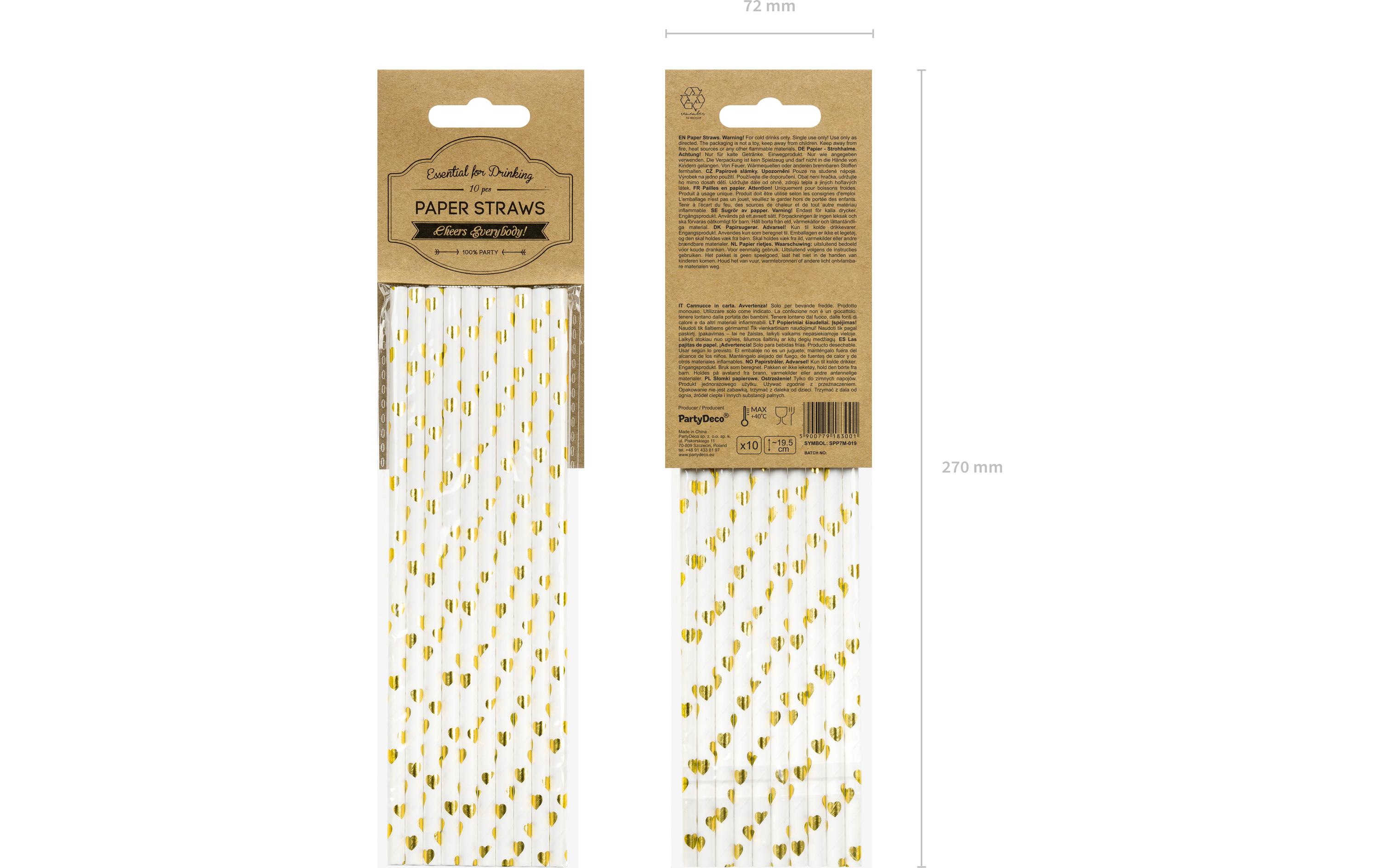 Partydeco Strohhalm Herzen 10 Stück, Gold/Weiss