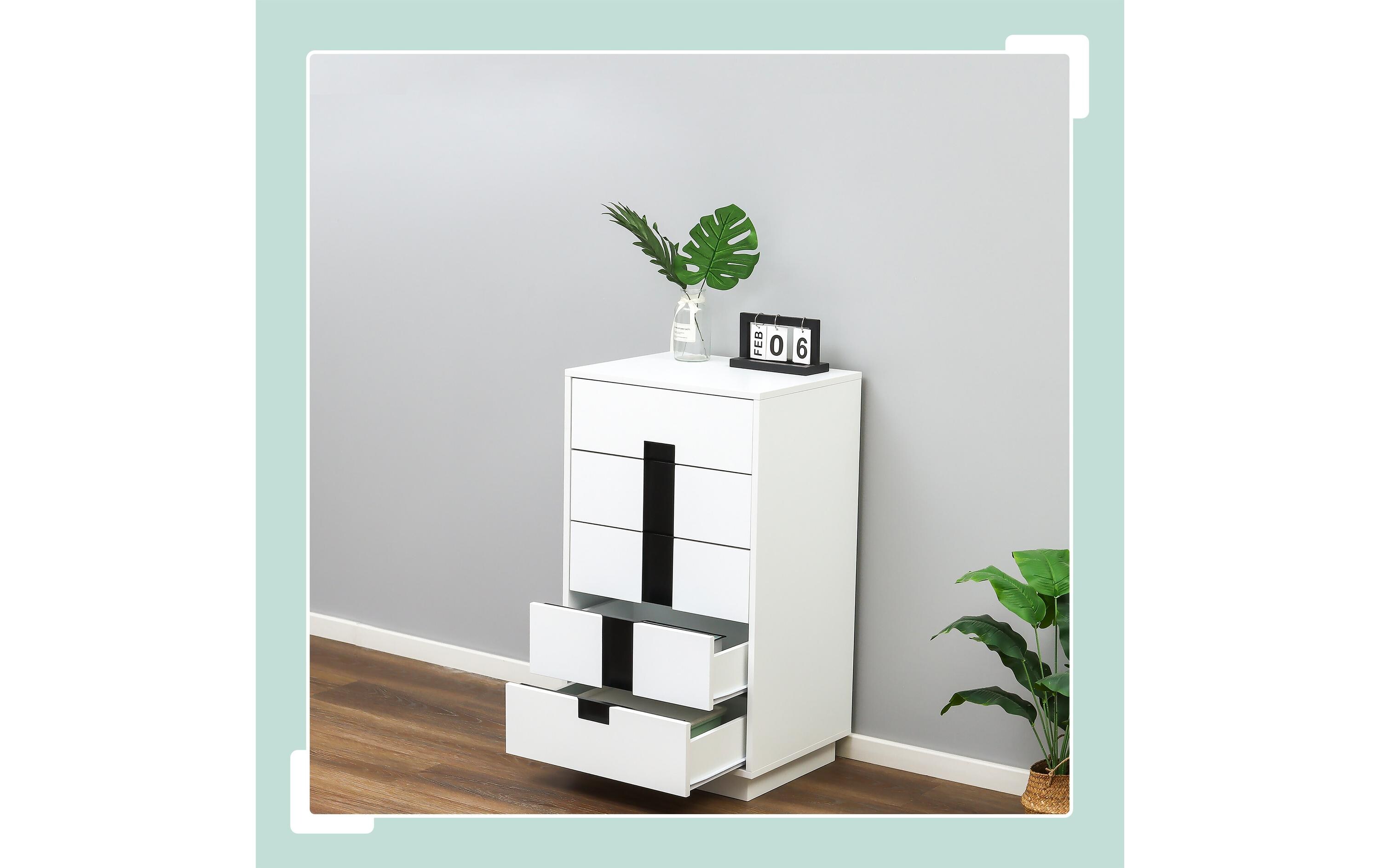 relaxdays Kommode mit 5 Schubladen 88 x 50 x 40 cm Weiss/Schwarz