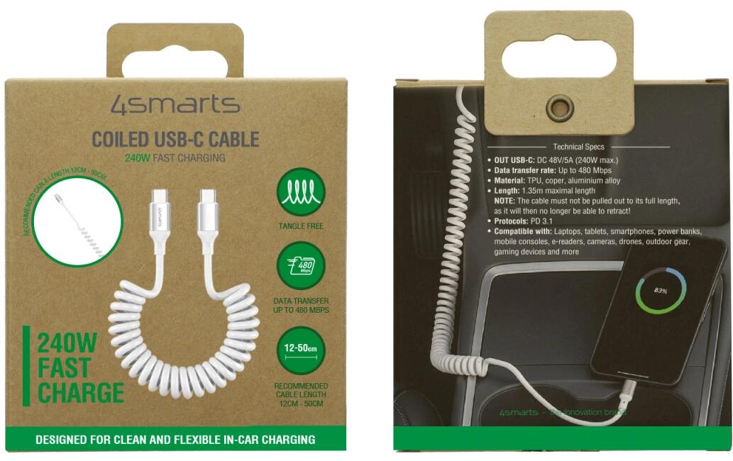 4smarts USB 2.0-Spiralkabel USB C - USB C 1.35 m Weiss