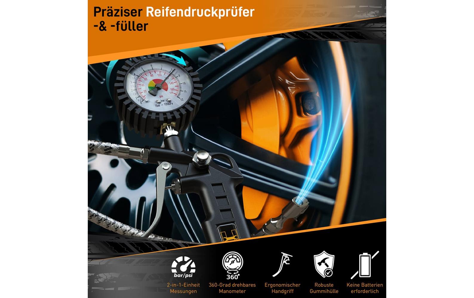 Hardtwerk Druckluft-Reifenfüllmesser Messbereich: 012 bar