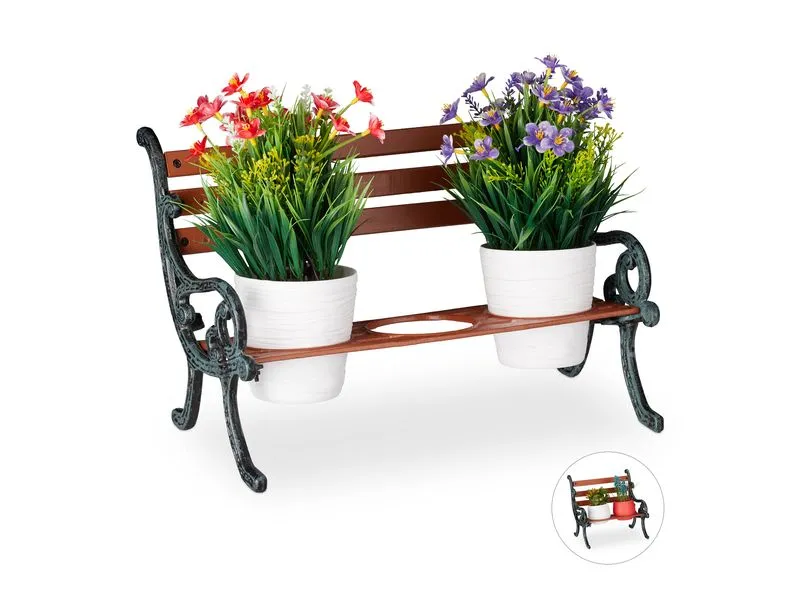 relaxdays Blumenbank Mini, Gusseisen, Holz, 3 Blumentöpfe relaxdays Blumenbank Mini, Gusseisen, Holz, 3 Blumentöpfe