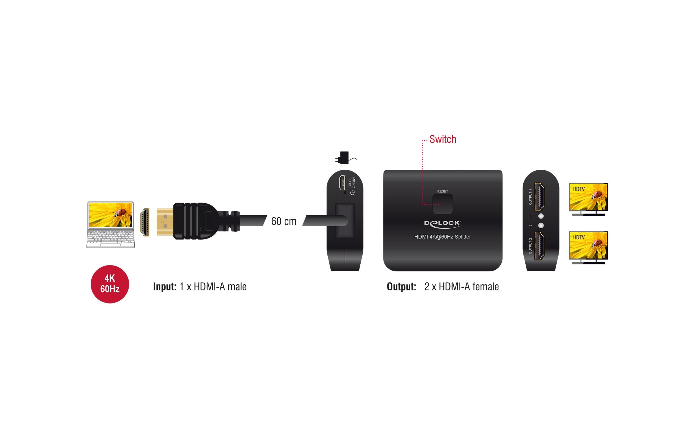 Delock 2-Port Signalsplitter HDMI – HDMI 4K 60 Hz mit Downscaler